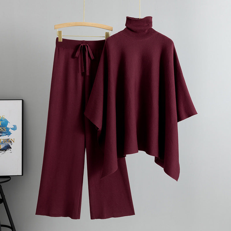 Turtleneck Cape Knitted Wide-leg Pants Elegant Outfit