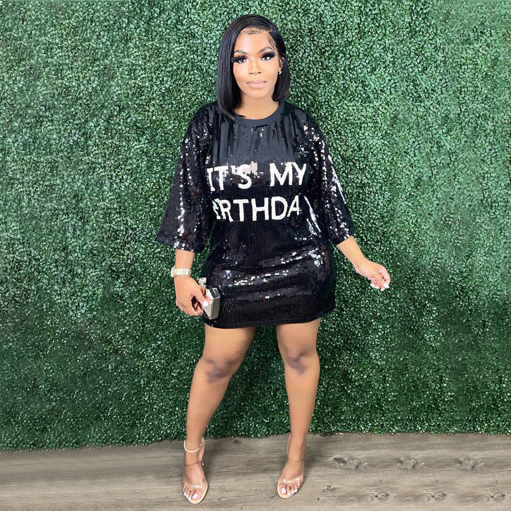 Elegant Round Neck Short Sleeve Loose Fit Sequin Print Dress For Women, Party Nightclub Sparkly Outfit