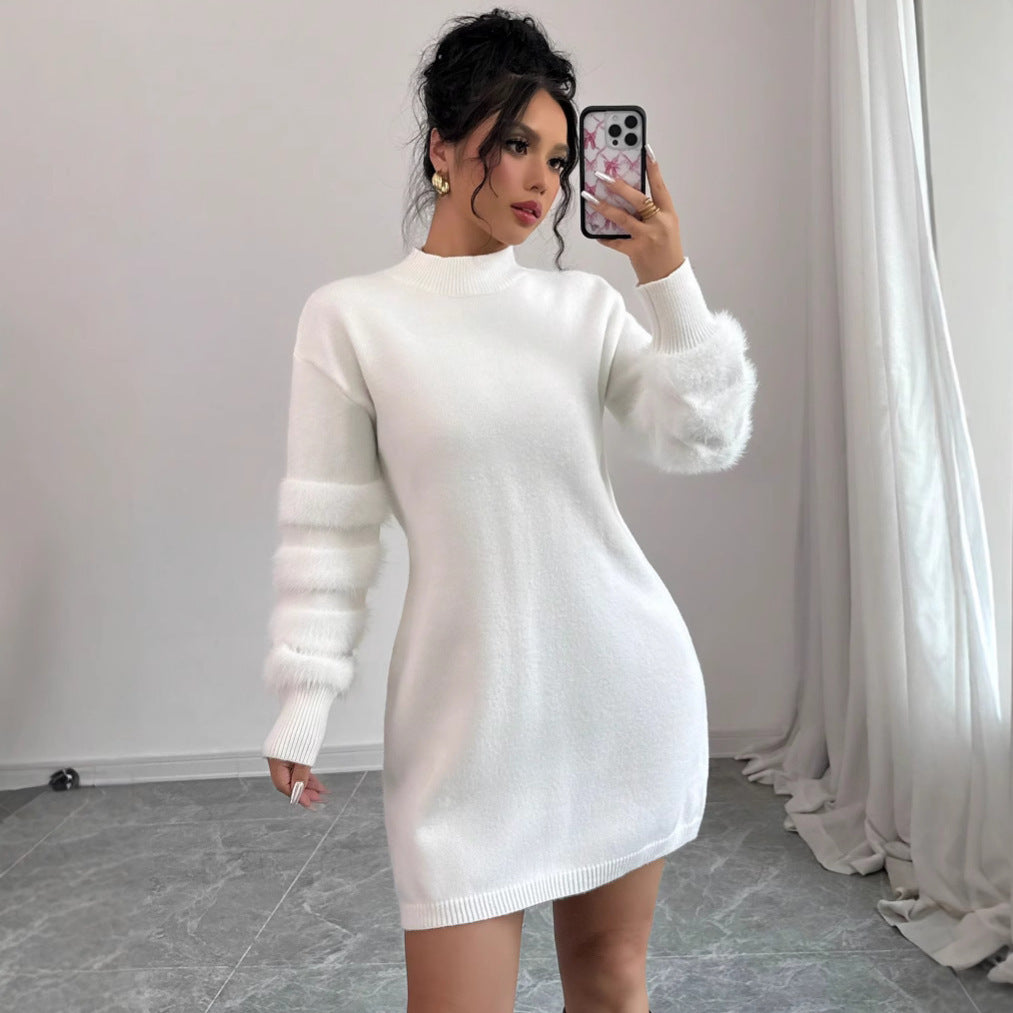 Solid Color Knitted Long-sleeved Dress