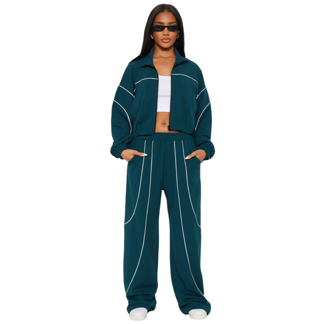 Wide-leg Color-blocked Stand-collar Two-piece Set