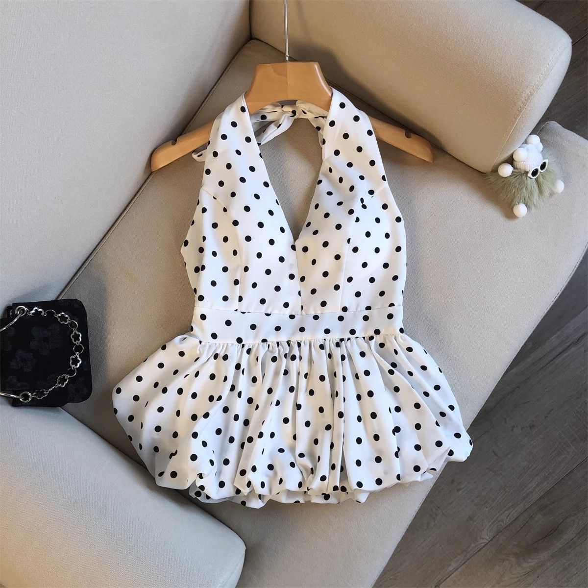 Neck-hanging V-neck Polka-dot Top For Women
