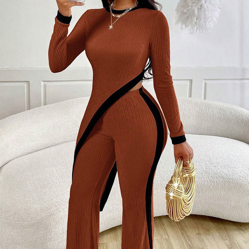 Women's 2 Piece Outfit Sexy Asymmetrical Hem Long Sleeve Top And Wide Leg Pants Sets Elegant Vacation Going Out Suit