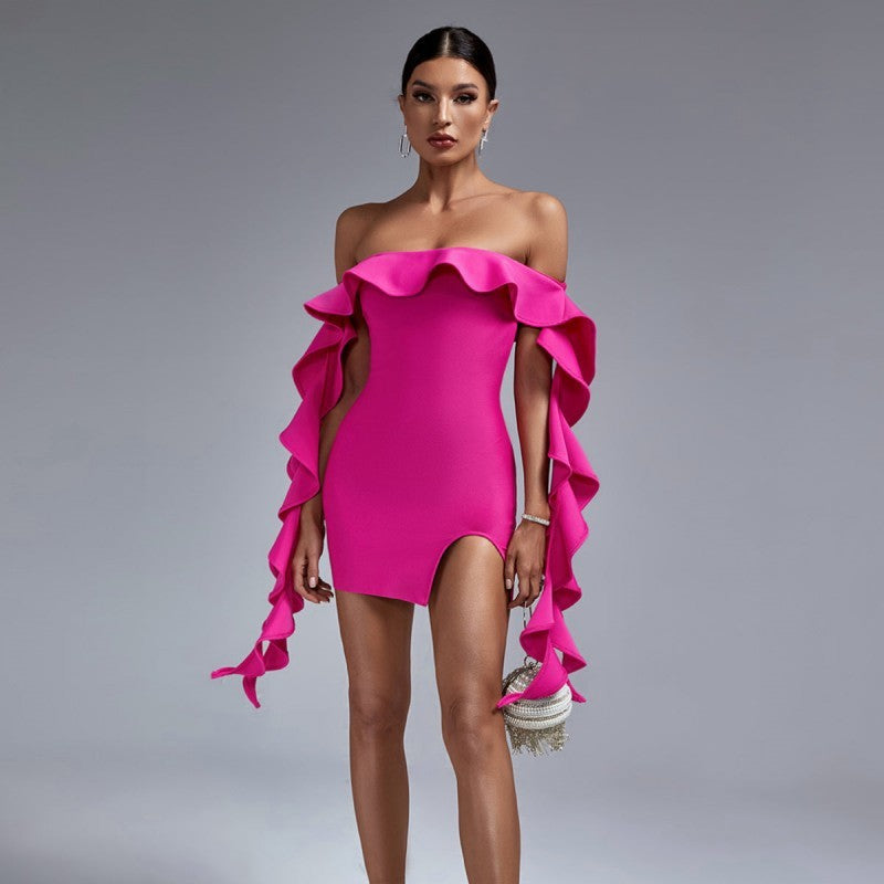 Summer New Solid Color Sleeveless Off-shoulder Wooden Ear Short Split Dress