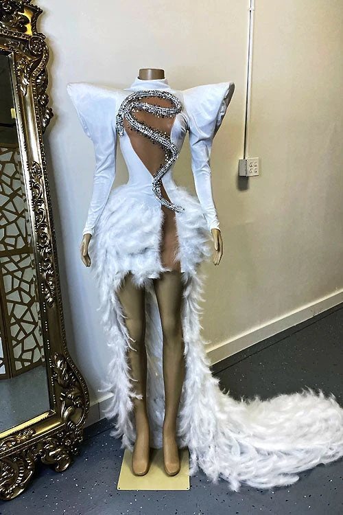 Rhinestone Feather Dress Party Stage