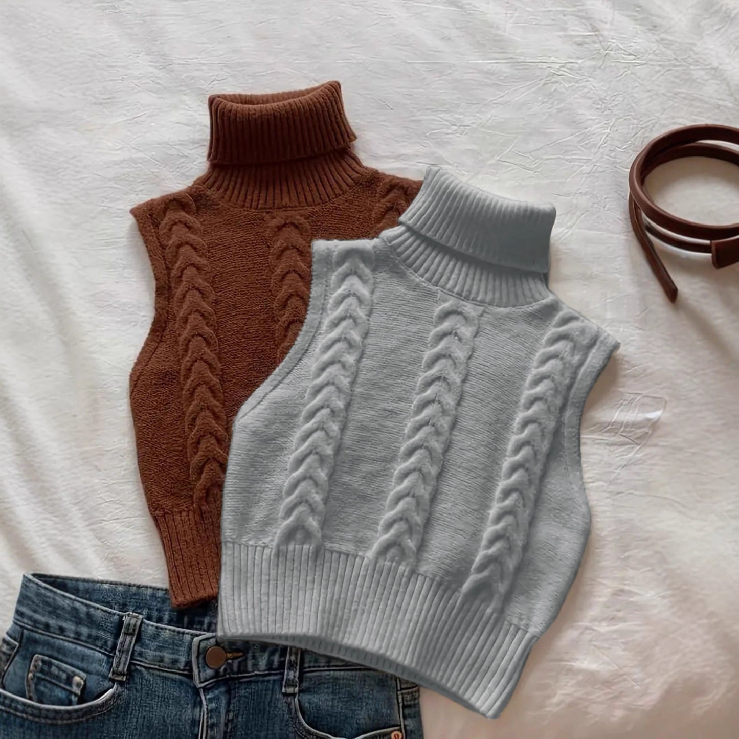 Europe And America Cross Border Spring And Autumn New Fashion Double-sided Cable-knit Turtleneck Sleeveless All-matching Knitted Sweater Vest Top Outer Wear