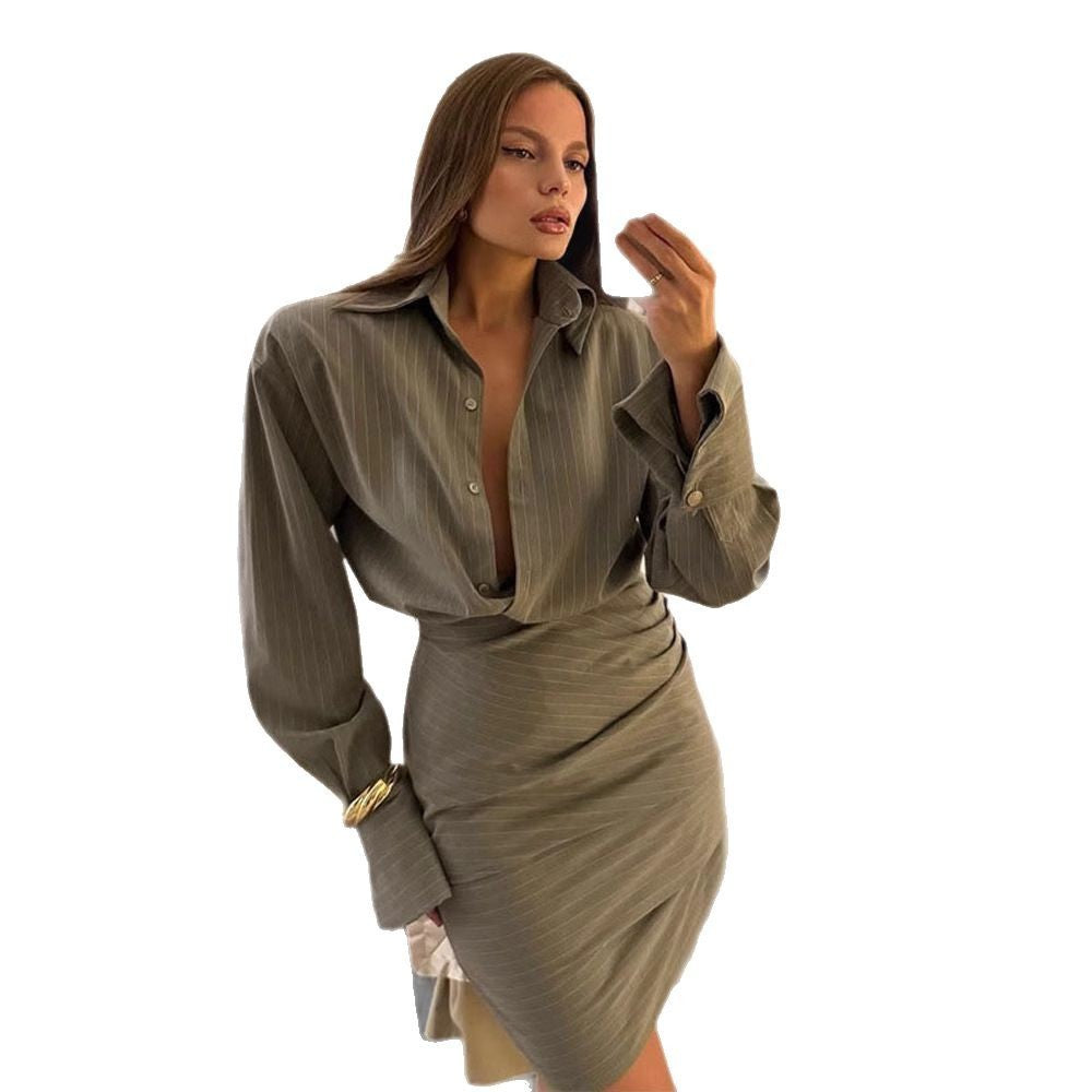 Spring And Summer Elegant Slim Striped Long-sleeved Shirt Skirt Outfit