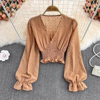 V-neck Cross Slim Fit Polka Dot Chiffon Shirt Western Style Waist-slimming Short