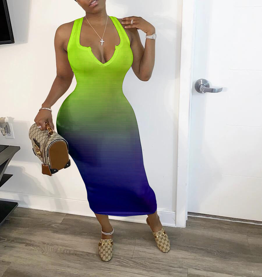 Women's Clothing Skinny V-neck Gradient Color Dress