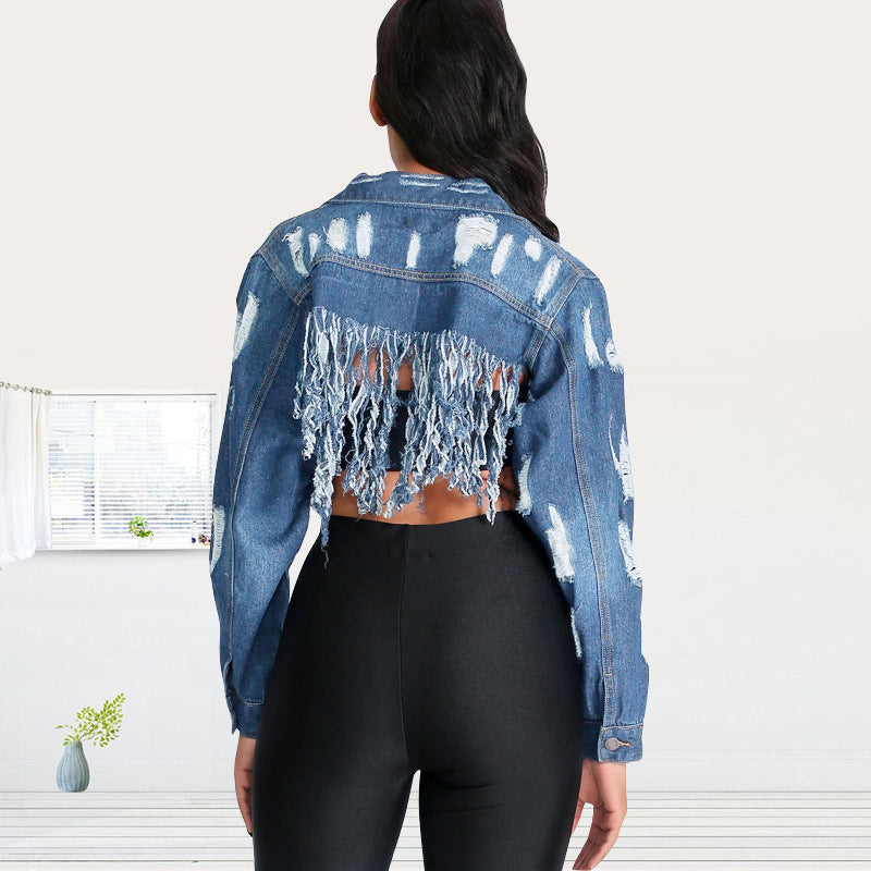 Ripped washed fringed denim jacket