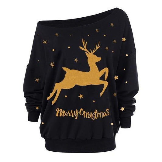 Autumn And Winter New Women's Clothing Amazon Christmas Printed Messenger Long Sleeved T Shirt