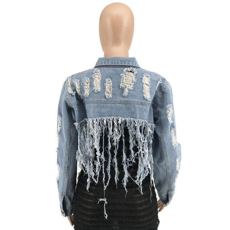 Ripped washed fringed denim jacket