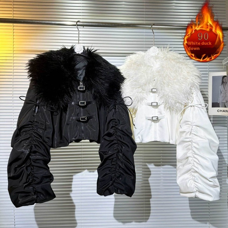 Big Fur Collar Net Red Hot Girl Wear Bright Silk Buckle Fashionable Chic Pleating Down Jacket Coat