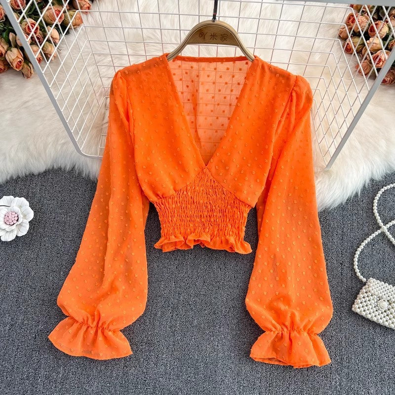 V-neck Cross Slim Fit Polka Dot Chiffon Shirt Western Style Waist-slimming Short