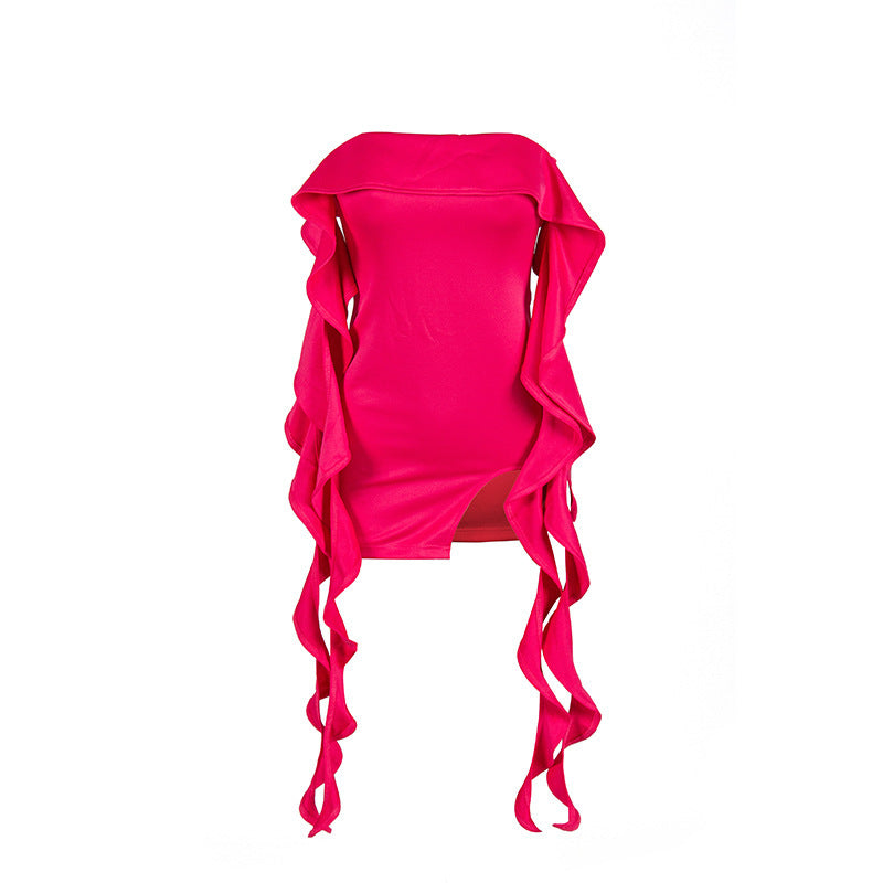 Summer New Solid Color Sleeveless Off-shoulder Wooden Ear Short Split Dress