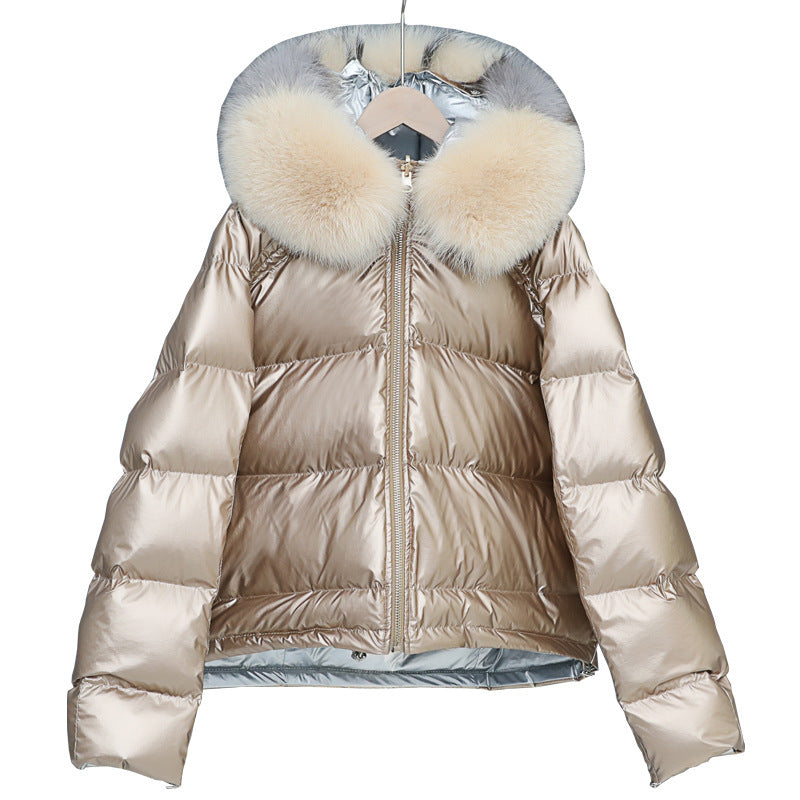 Winter Big Fur Collar Double-sided Wear Net Red Shiny Silver  Jacket Female Fox Fur Down Jacket