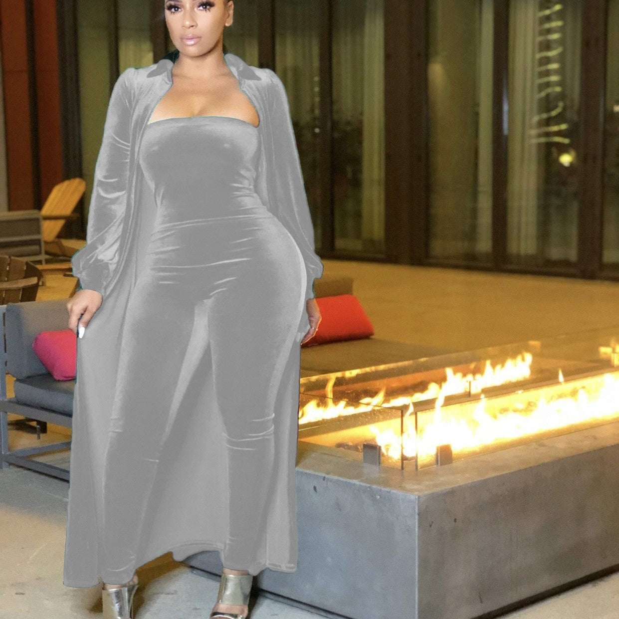 Sexy Bustier Female Jumpsuit Jacket Silver Fox Velvet