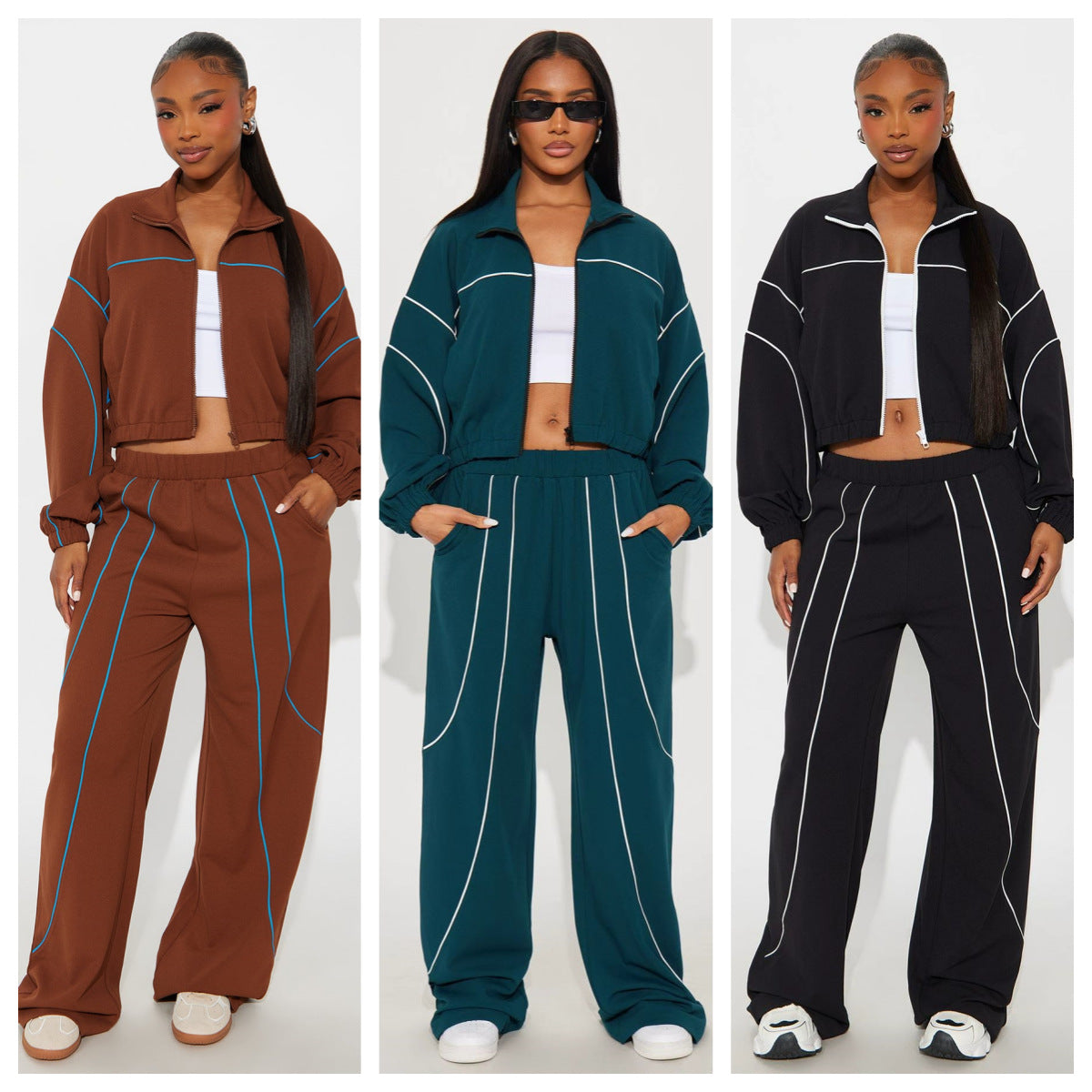 Wide-leg Color-blocked Stand-collar Two-piece Set