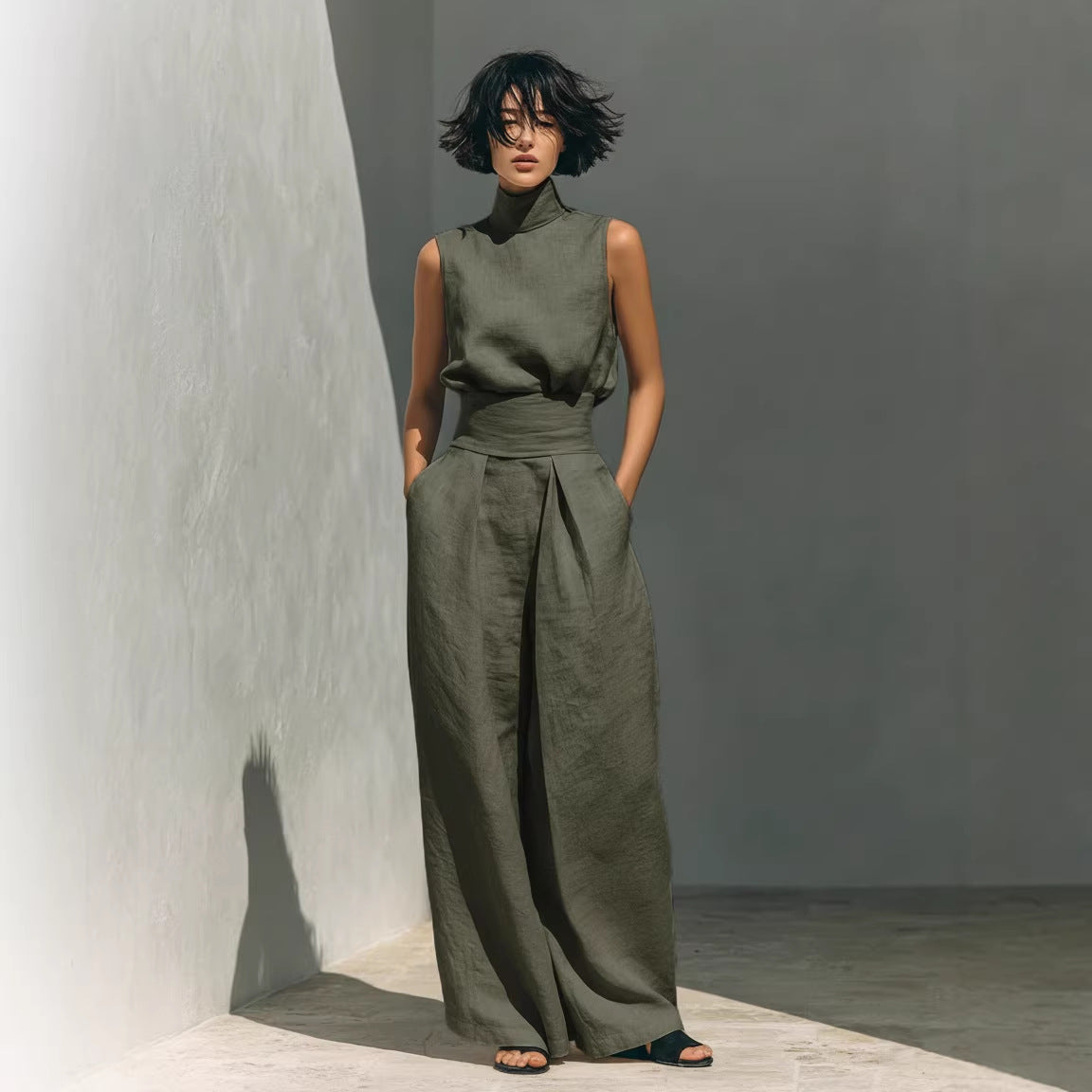 Womens Cotton-Linen Blend Sleeveless Top And Wide-Leg Pants Set