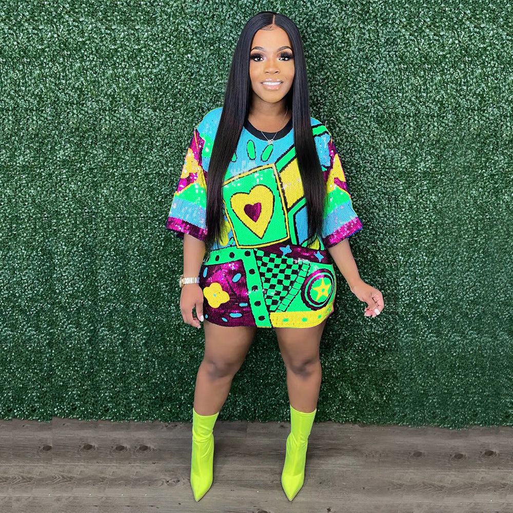 Elegant Round Neck Short Sleeve Loose Fit Sequin Print Dress For Women, Party Nightclub Sparkly Outfit