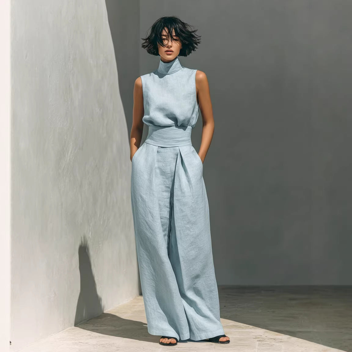 Womens Cotton-Linen Blend Sleeveless Top And Wide-Leg Pants Set