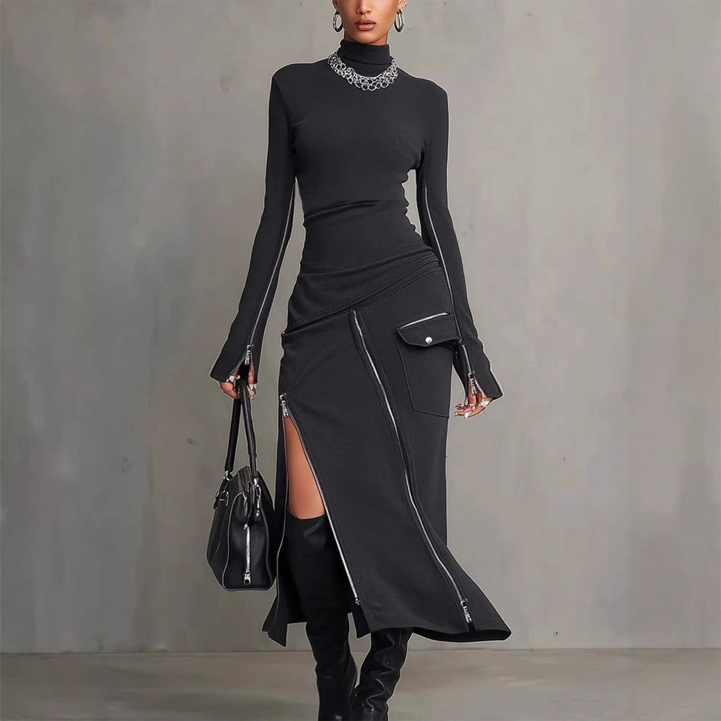 Side-zip Sheath Skirt And Long-sleeve T-shirt Set