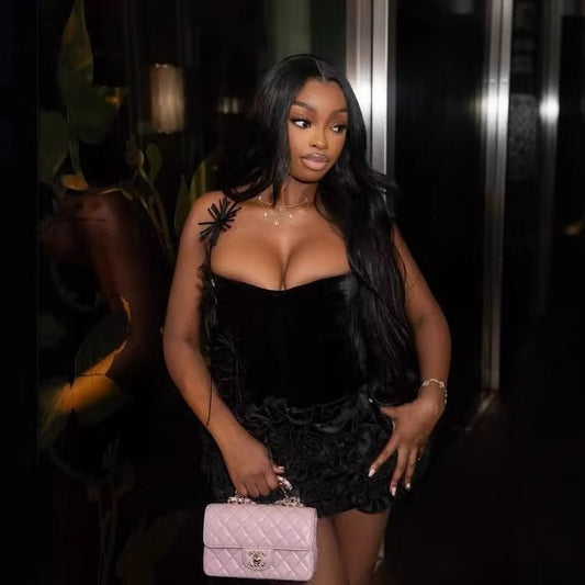 European And American Ins Women's Three-dimensional Flower Black Bandage Dress