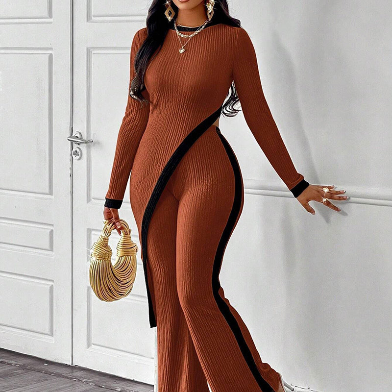 Women's 2 Piece Outfit Sexy Asymmetrical Hem Long Sleeve Top And Wide Leg Pants Sets Elegant Vacation Going Out Suit