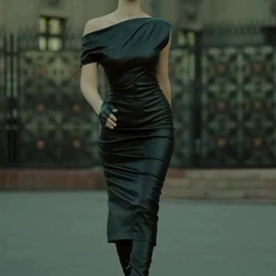 Elegant Polyester Shoulder Leather Dress