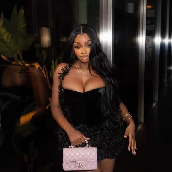 European And American Ins Women's Three-dimensional Flower Black Bandage Dress