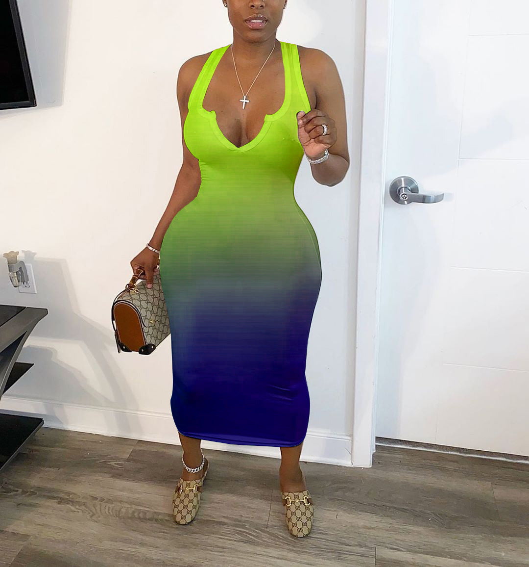 Women's Clothing Skinny V-neck Gradient Color Dress