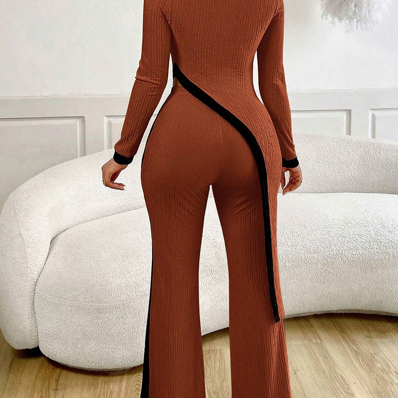 Women's 2 Piece Outfit Sexy Asymmetrical Hem Long Sleeve Top And Wide Leg Pants Sets Elegant Vacation Going Out Suit