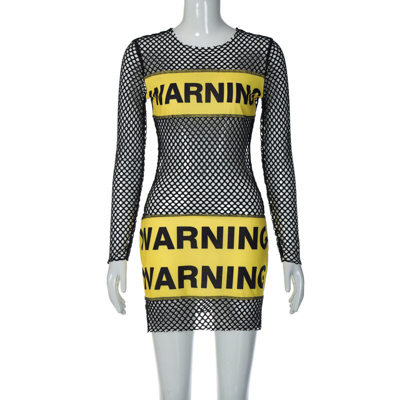 Personality Letter Print Long Sleeve Sexy Perspective Hip Wrap Dress