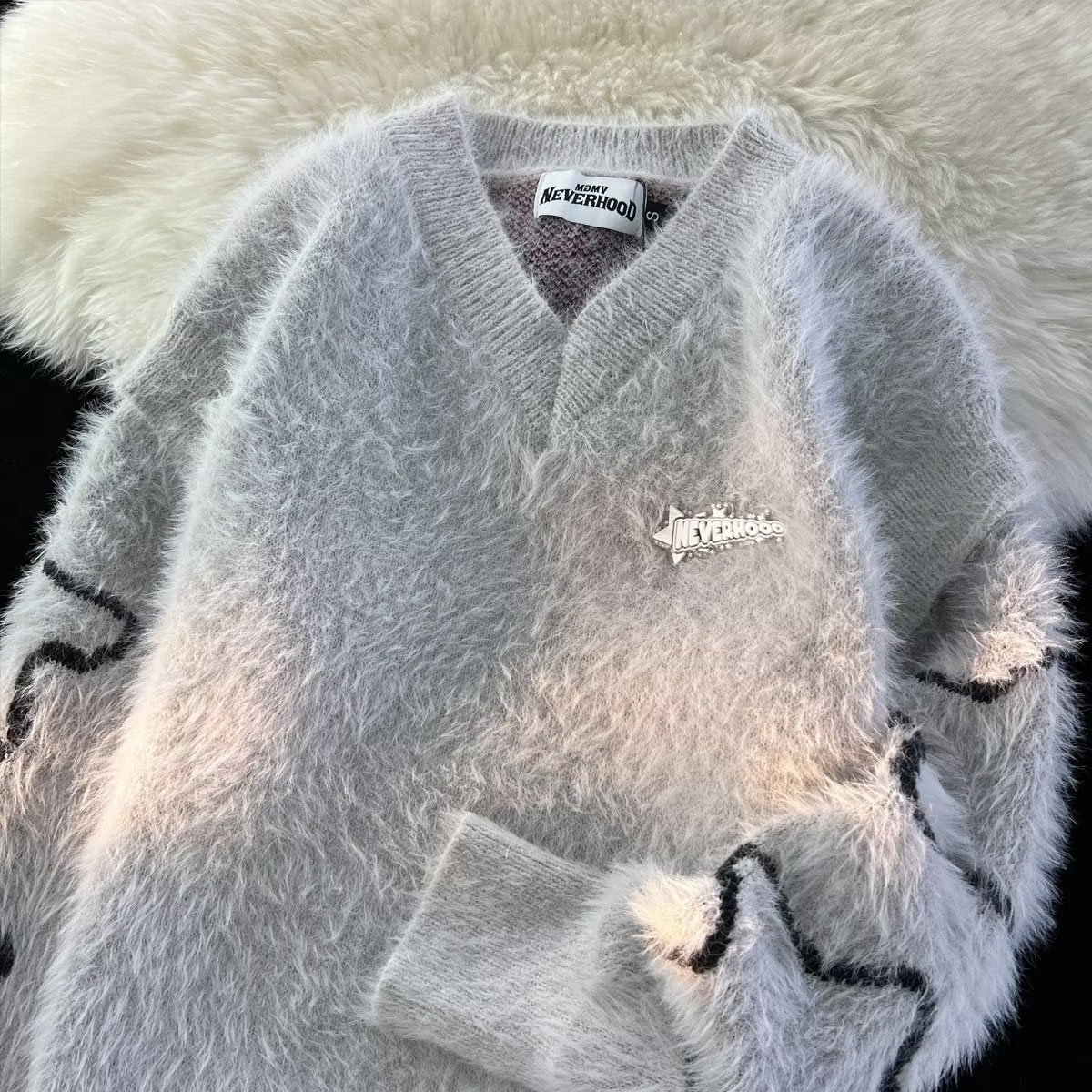 Street Long Sleeve Pullover Couple V-neck Loose Sweater