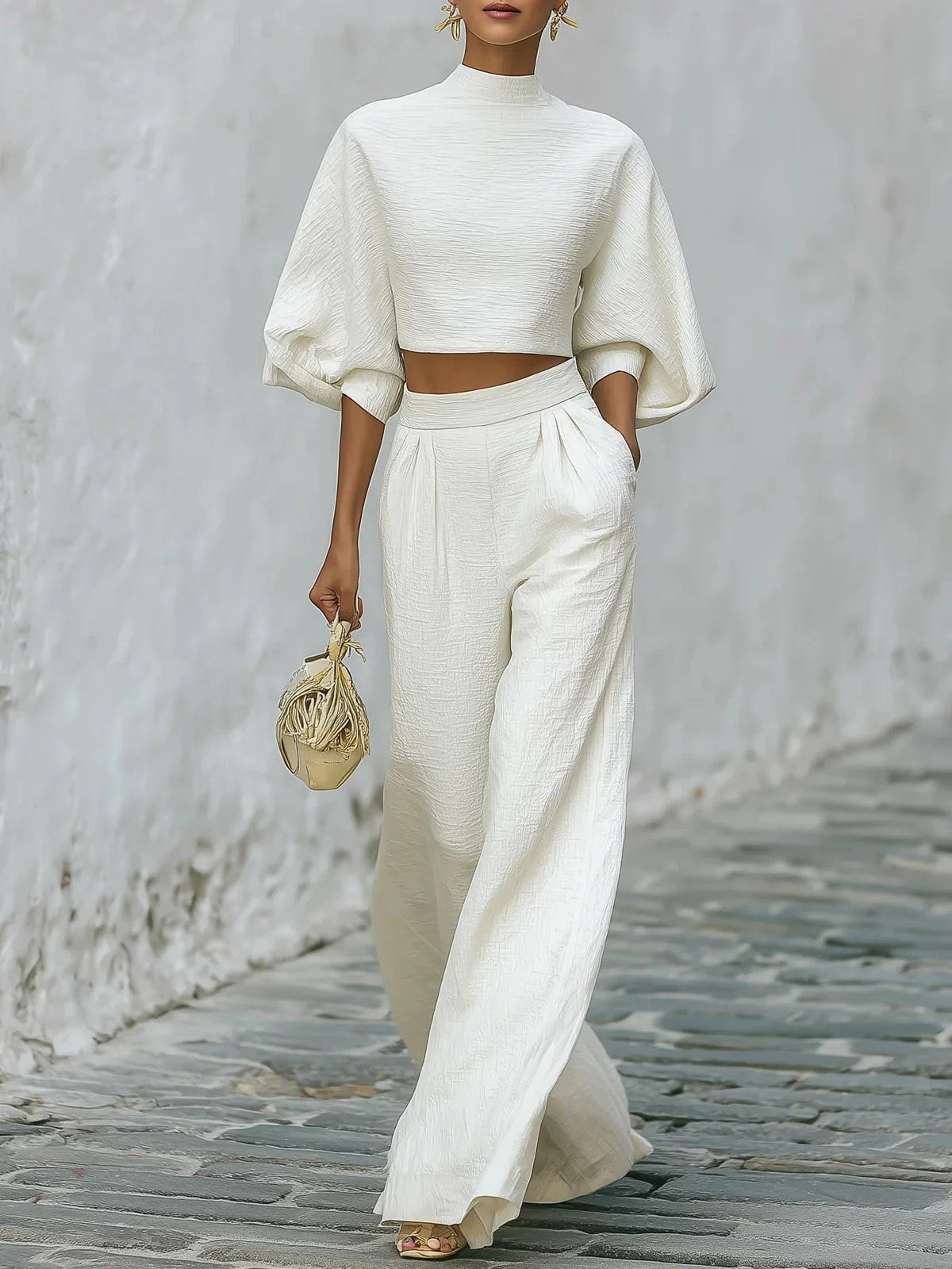 Womens Short Top And High-Waisted Casual Pants Two-Piece Set