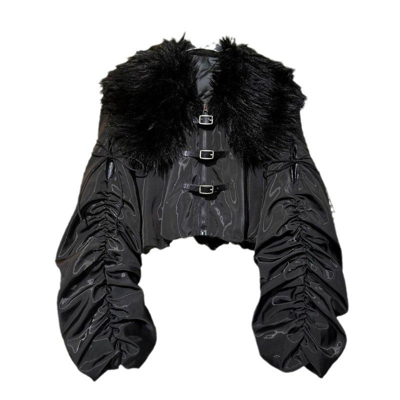 Big Fur Collar Net Red Hot Girl Wear Bright Silk Buckle Fashionable Chic Pleating Down Jacket Coat