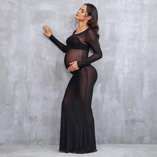 Women's Clothing See-through High Elastic Net Round Neck Slim Fit Pregnant Women Mopping Dress