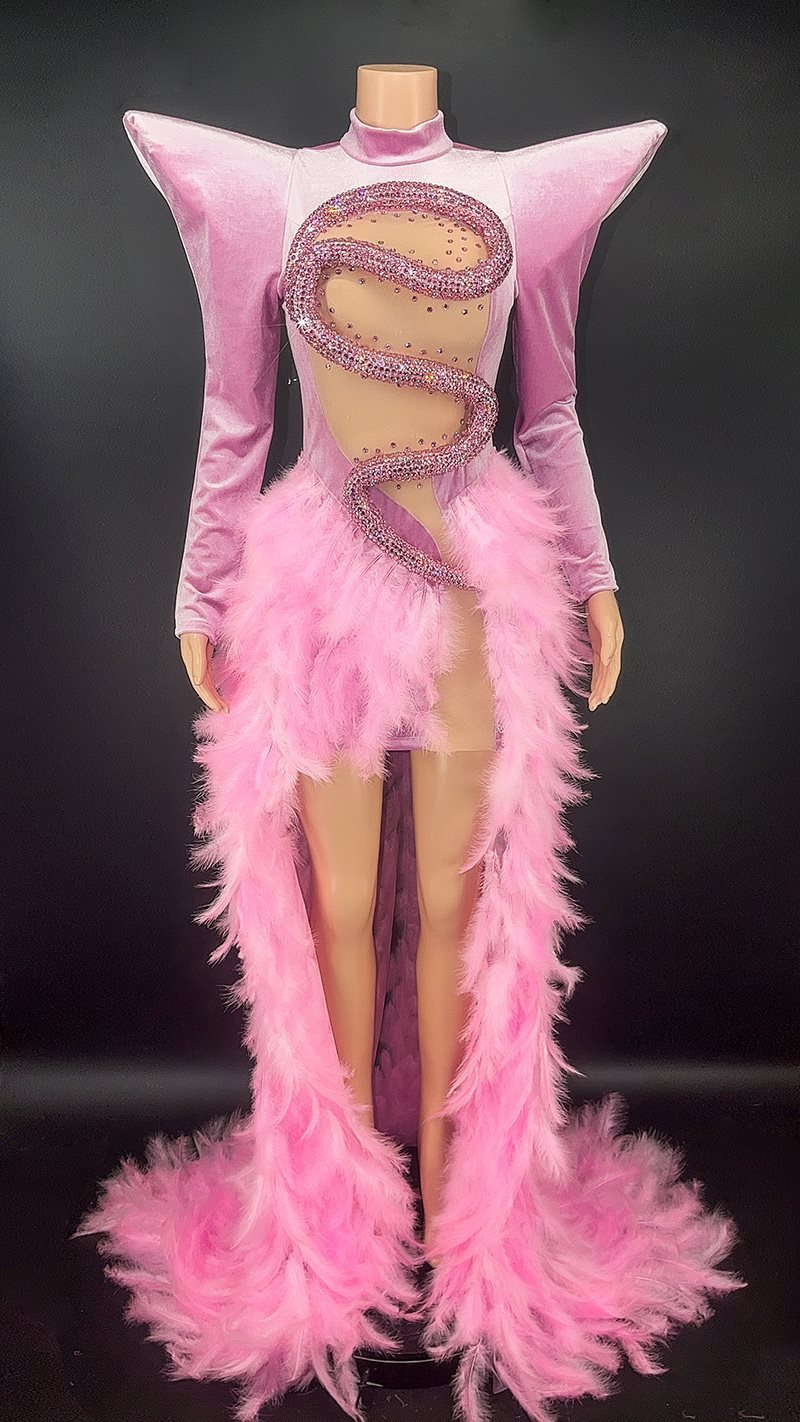 Rhinestone Feather Dress Party Stage