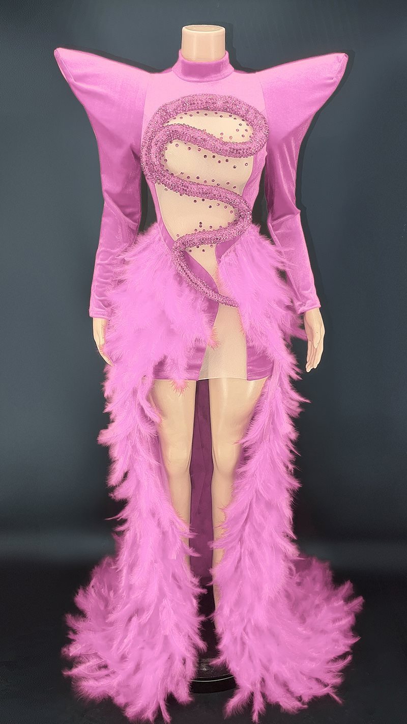 Rhinestone Feather Dress Party Stage