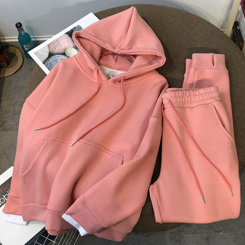 Thickened Fleece-Lined Solid-Color Sporty Casual Hoodie Set