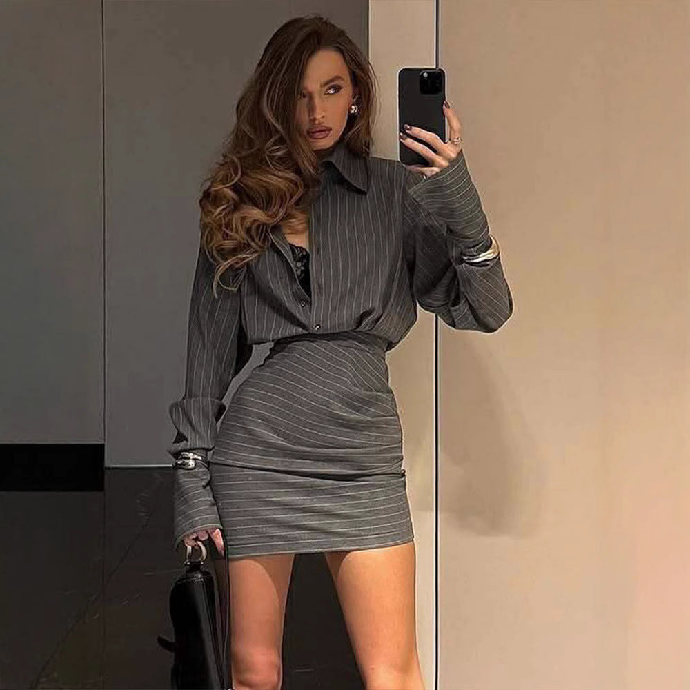 Spring And Summer Elegant Slim Striped Long-sleeved Shirt Skirt Outfit