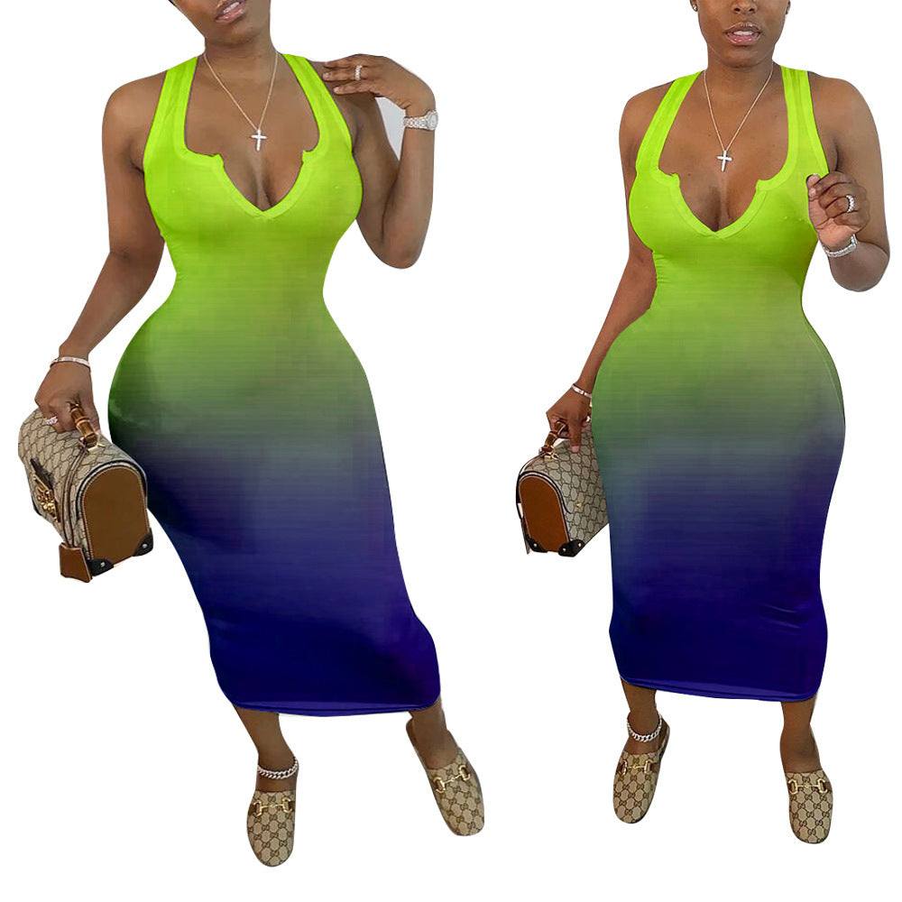 Women's Clothing Skinny V-neck Gradient Color Dress
