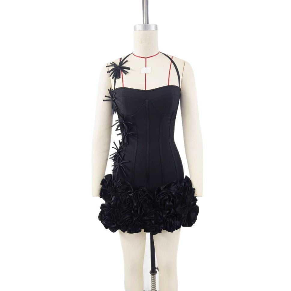 European And American Ins Women's Three-dimensional Flower Black Bandage Dress