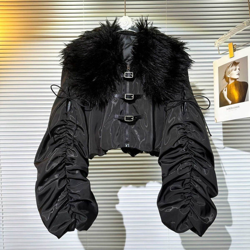 Big Fur Collar Net Red Hot Girl Wear Bright Silk Buckle Fashionable Chic Pleating Down Jacket Coat