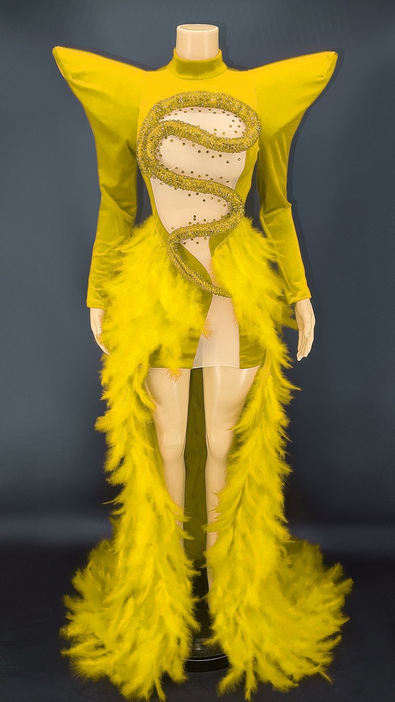 Rhinestone Feather Dress Party Stage