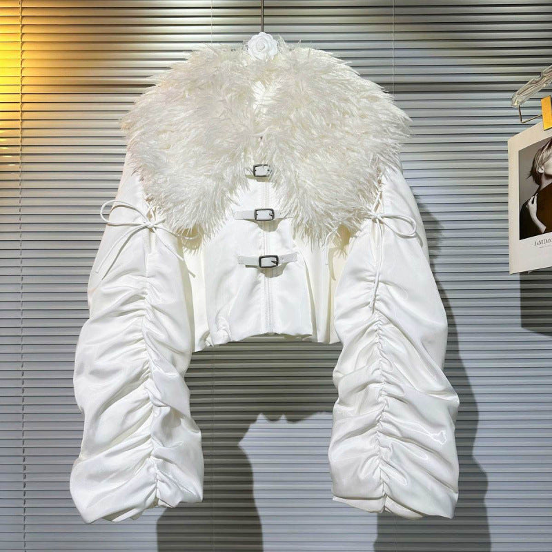 Big Fur Collar Net Red Hot Girl Wear Bright Silk Buckle Fashionable Chic Pleating Down Jacket Coat