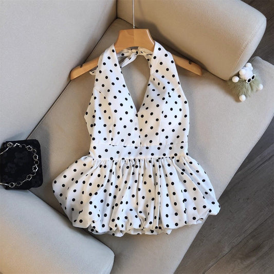 Neck-hanging V-neck Polka-dot Top For Women