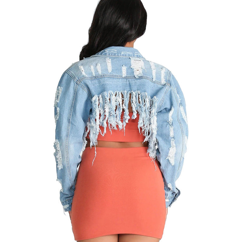 Ripped washed fringed denim jacket