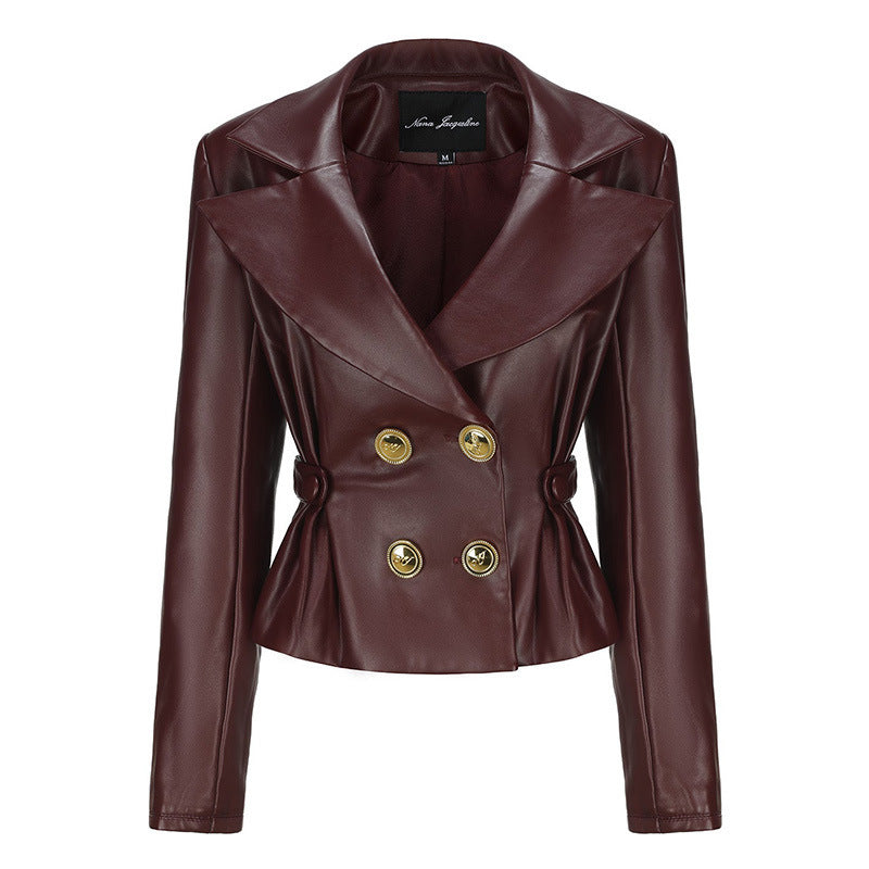 Wine Red Short Jacket Pleated Skirt Suit