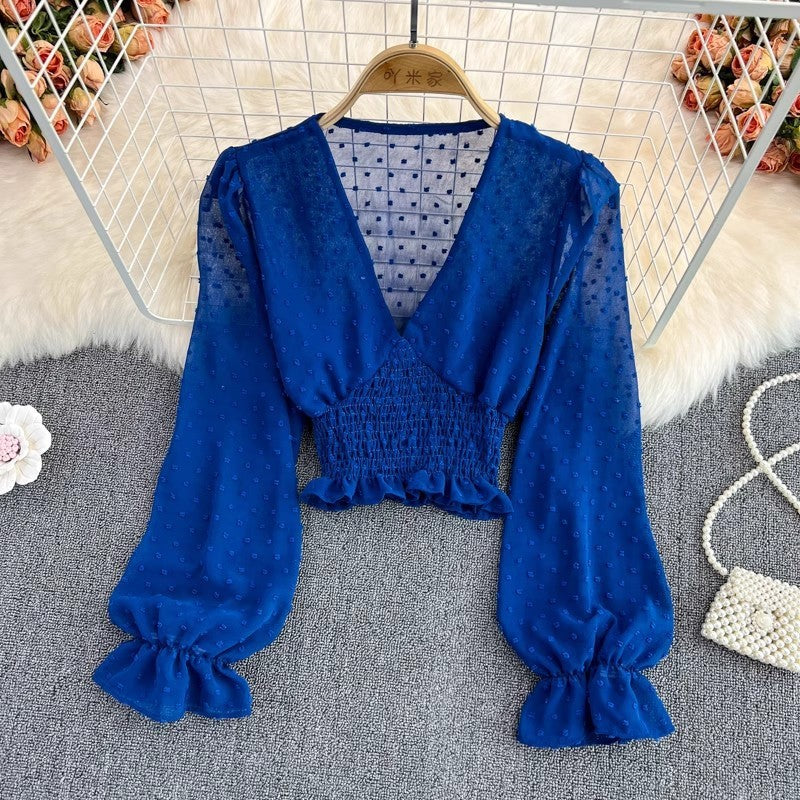 V-neck Cross Slim Fit Polka Dot Chiffon Shirt Western Style Waist-slimming Short