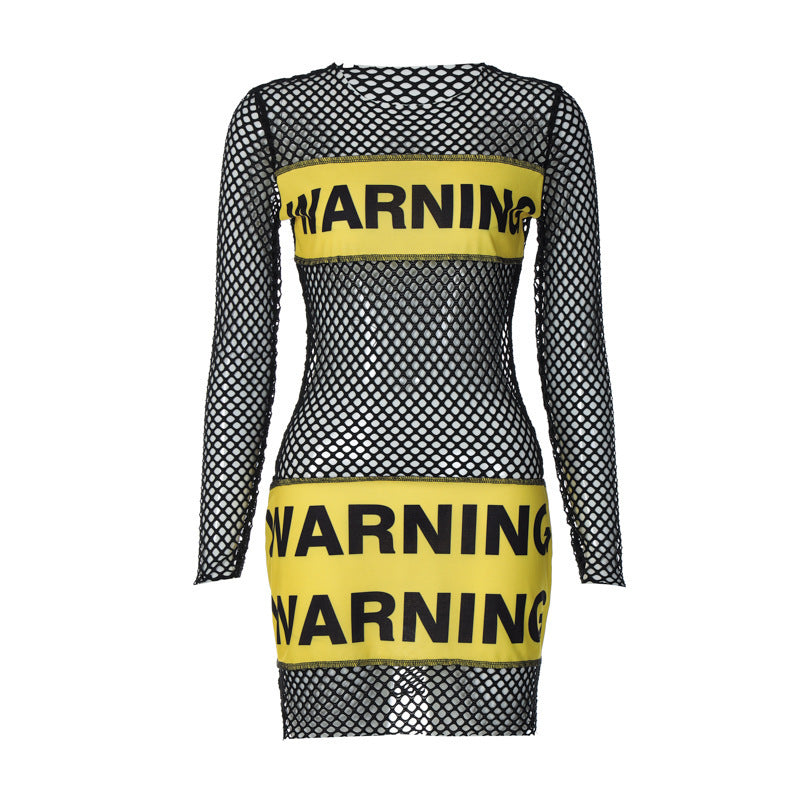 Personality Letter Print Long Sleeve Sexy Perspective Hip Wrap Dress